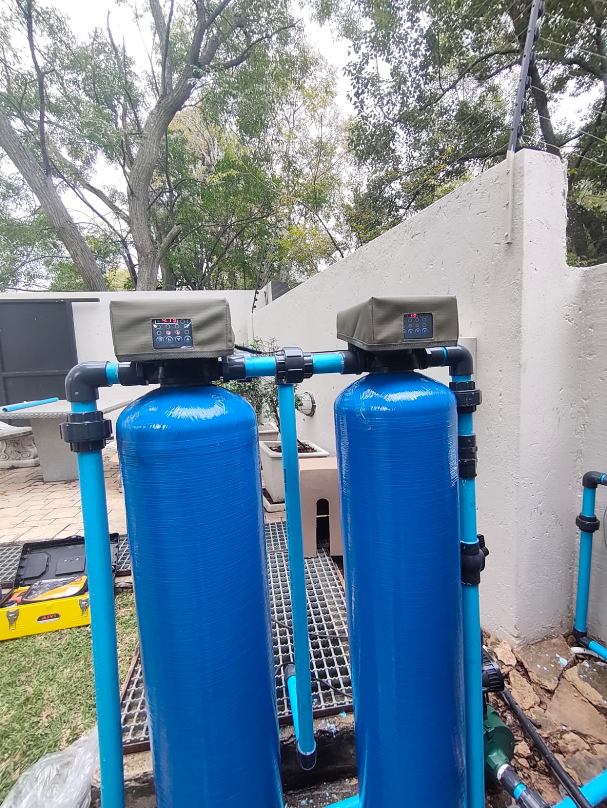 Twin softener tanks with digital control heads — Marz maintenance install
